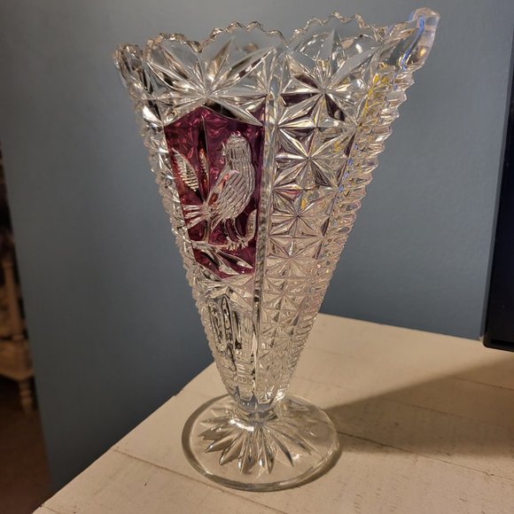 Vintage Hofbauer Byrdes Crystal Collection Clear Cut G& Ruby Red Fan Vase - Picture 3 of 9